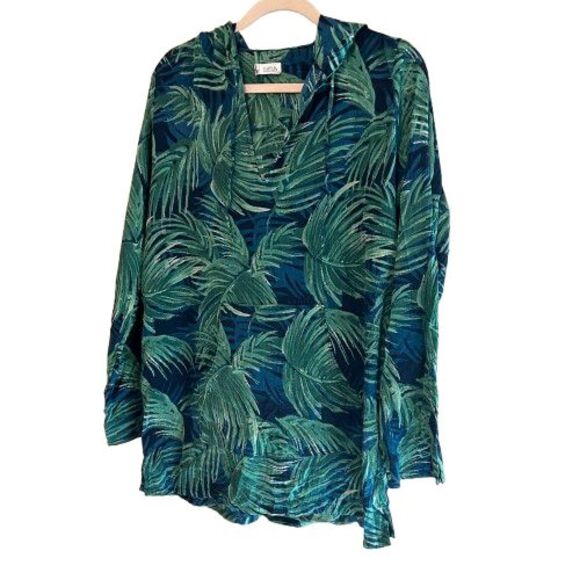 Carve Designs Gauzy Hooded Tunic Top Womens Large Blue Green Leaf Print Cover Up - Picture 2 of 6